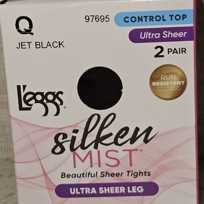 2 Pair Leggs Silken Mist Control Top Tights Ultra Sheer Leg 97695 Jet Black Q