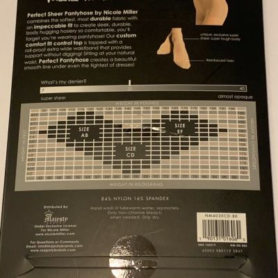 Nicole Miller PERFECT Sheer Ultra Comfort Control Top PANTYHOSE - BLACK CD
