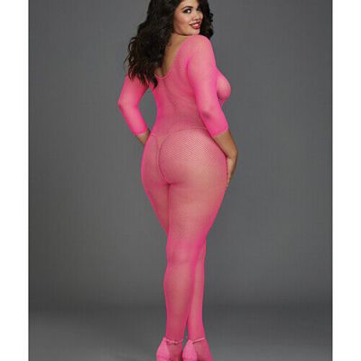 FISHNET LONG SLEEVE OPEN CROTCH BODYSTOCKING NEON PINK QUEEN