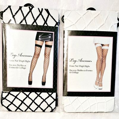 2 Pair of Leg Avenue Fence Net Thigh Hi Stockings Blk - White One Size Fits Most