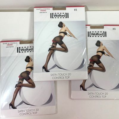 3 Wolford NWT $126 Cosmetic Tone Satin Touch 20 Control Top Pantyhose Size XS