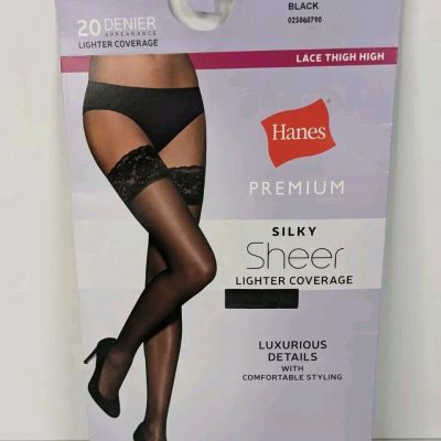 Womens Hanes Silky Sheer Lace Thigh High Black Size Medium Light Coverage