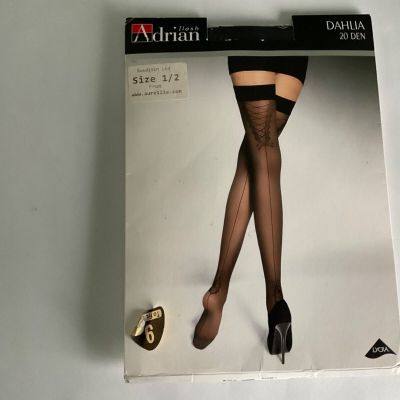 Adrian Dahlia Black Hold Up Stockings  Back Seam w/great heel design. size 1/2