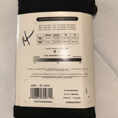 NEW! HUE One Pair Women's Size 1 Sueded Black Opaque Tights