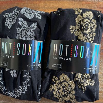 New Hot Sox Tights Control Top Legwear Black Metallic Floral B/C  TWO Pairs