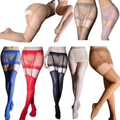 Womens Glossy Lace Trim Skirted Suspender Thigh High Stockings Hosiery Pantyhose