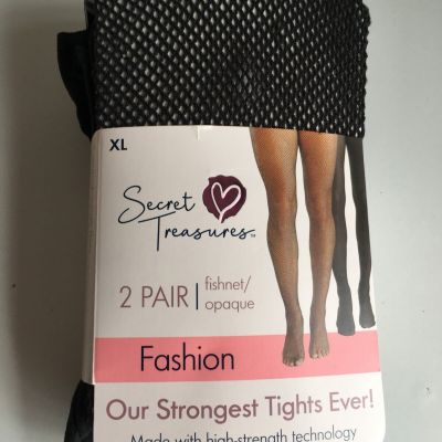 Secret Treasures 2 Pair Fishnet and Opaque Fashion Tights Size XL Black