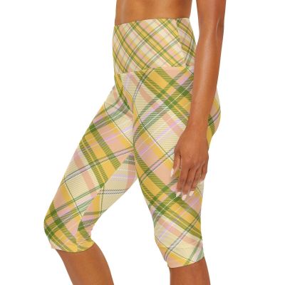 Girly Plaid Yoga Leggings, Women's Workout Pants, Stretchy Athletic Capris