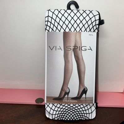 VIA SPIGA 2 Pairs Black Tights 1 Fishnet/1 Opaque Size M/L New In Package
