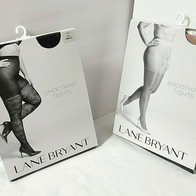 Lane Bryant 2 Pr Smoothing Tights Sz E/F Black Diamond Dot + Nude Shimmer Sheer