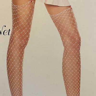 MUSIC LEGS White Nylon Spandex Mini Diamond Net Thigh Hi Stockings-Garter Needed