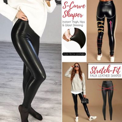 Stretch-Fit Black Faux Leather Shaper High Waist Leggings Slim Pants For Womens