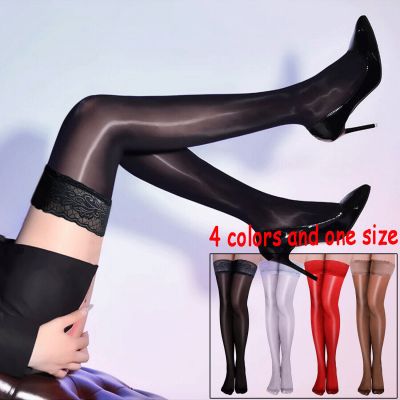 Women Oil Shiny Glossy Satin High Stockings Stay Up Silicone Thigh-Highs Hosiery