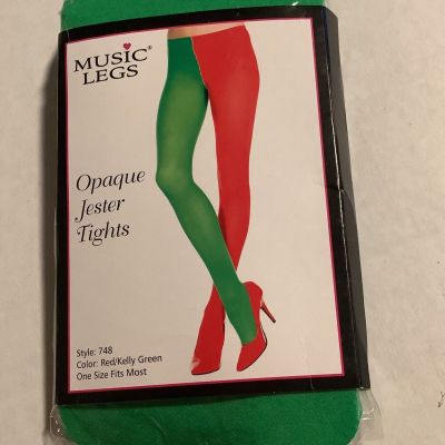 Two Toned Colors Opaque Jester Harlequin Tights  Red/Green Music Legs One Size