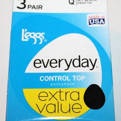 L'eggs Everyday 3-Pair Control Top Jet Black Sheer Toe Pantyhose Q (Large) 14795