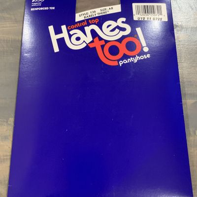 Hanes Too!  Size AB Pantyhose Control Top Barely There Style 136 Reinforced Toe