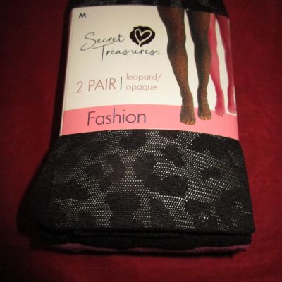 Secret Treasures Women's Stockings Tights 2 Pack Black Leopard Opaque Medium