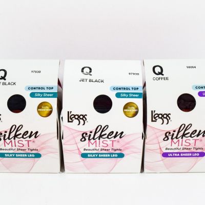 3 L'eggs  Silken Mist/Sheer Energy 2 JET BLACK/1 COFFEE Control Top Tights sz Q