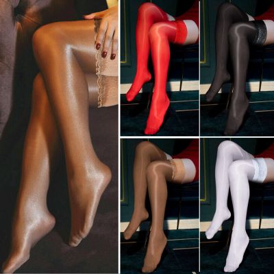 Womens Oil Shiny Thigh-Highs Stockings Hosiery Glossy High Lace Silicone Stay Up
