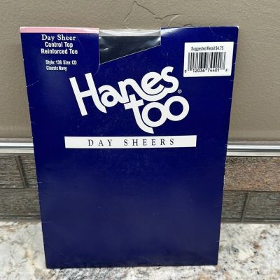 Vtg 2000 Hanes Too Day Sheers Pantyhose Navy Blue Reinforced Toe Size CD Nylon