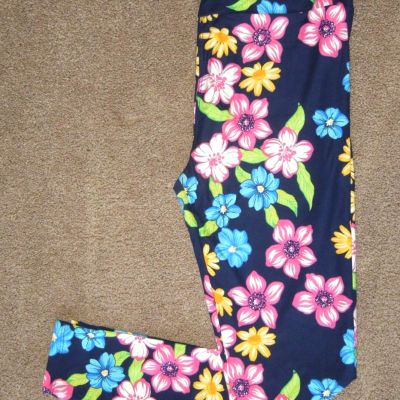 LuLaRoe OS Bright Tropical Floral Pink Blue Yellow SPRING Flowers Leggings
