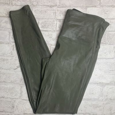 Spanx Olive Green High Waisted Sculpting Faux Leather Metallic Leggings L NEW