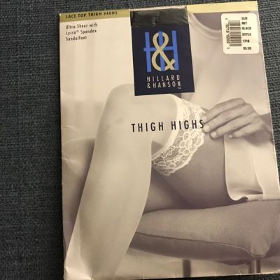 New Hillard Hanson Thigh Highs ultra sheer Lace Top Stockings sz M/T Black