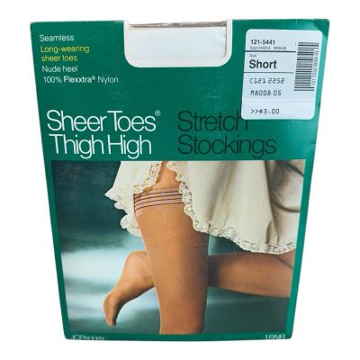 JCPenny Sheer Toes Thigh High Stretch Stockings Seamless White 80 Short VTG NOS