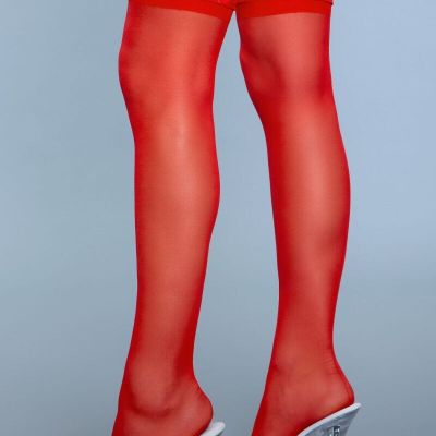BeWicked Keep A Secret Thigh Highs Red - Sheer Lace Top Stockings With Back Seam