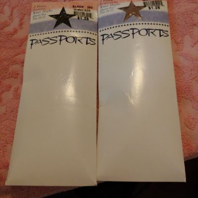 Vtg PASSPORTS Knee Highs Queen Size Fits 10-12. 2 Pairs per Pack NUDE AN BLACK