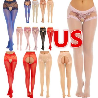 US Women's Oil Sheer Tights High Waist Floral Lace Patchwork Pantyhose Stockings