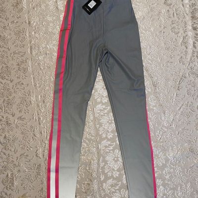 Fashion Nova Women's Longer Leggings Reflect Pants silver/pink striped size M
