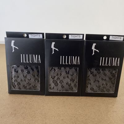 Lot of 3 Illuma Women's One Size Plus Black Cheetah Print Fishnet Tights NWT