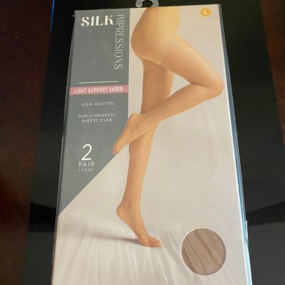 NEW SIZE LARGE SILK IMPRESSIONS SHEER SUPPORT 20D RICH TAN HIGH WAISTED 2PK
