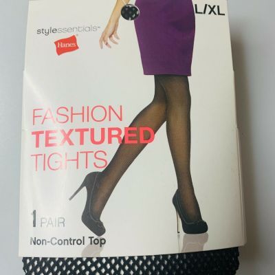 Hanes Fashion Textured Tights, Fishnet, Non-Control Top, Black, L/XL