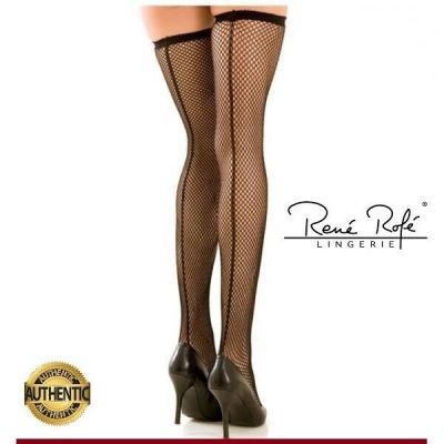 Rene Rofe Fishnet Thigh High Stockings w/ BACKSEAM Black Lingerie o/s