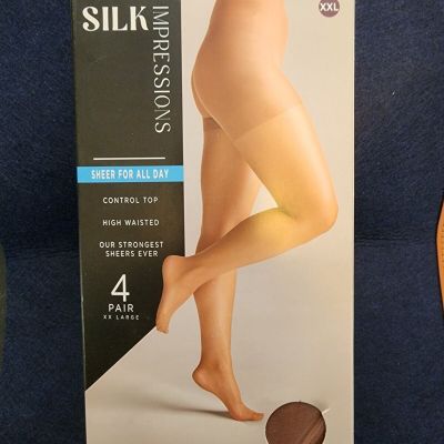 Silk Impressions Pantyhose, Control Top, Sheer For All Day, 4-Pack, XXL, Cocoa