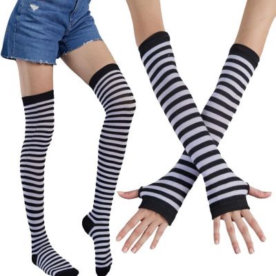 UUYYEO Striped Knee High Stockings Stripe Thigh High Socks and Winter Arm Warmer