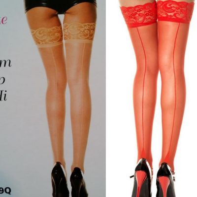 Music Legs Thigh High Stockings Lace Topper Plus Backseam Queen Beige Red 4119Q