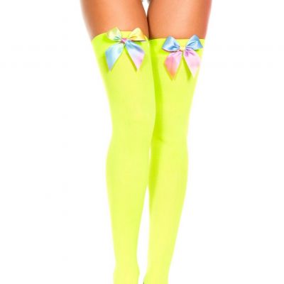 sexy MUSIC LEGS neon OPAQUE rainbow SATIN mini BOWS thigh HIGHS stockings CLOWN
