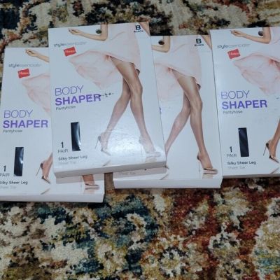 Lot Of 4 Hanes  Style Essentials Black Body Shaper Pantyhose Size B NEW Silky