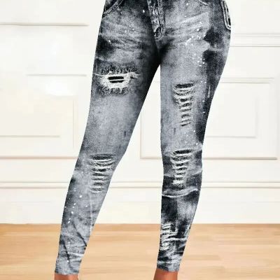 Plus Size Acid Wash Jean Print Skinny Stretch Leggings Women 0XL 1XL 2XL 3XL 4XL