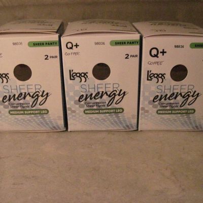 6 Pair Size Queen Q+ L'eggs Leggs Sheer Energy Sheer to Waist Coffee Pantyhose