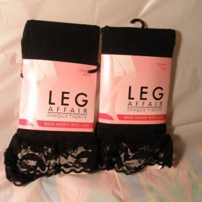 NEW (LOT 2 PAIRS) LEG AFFAIR OPAQUE TIGHTS BLACK LACE SIZE QUEEN (LENGTH SHORT)