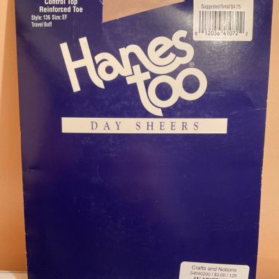 Hanes Too Day Sheer Pantyhose Sz EF Travel Buff Control Top Reinforced Toe-Read!
