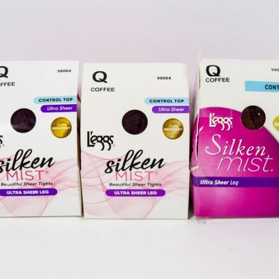 3 L'eggs Silken Mist Ultra Sheer COFFEE Control Top Run Resistant Tights size Q