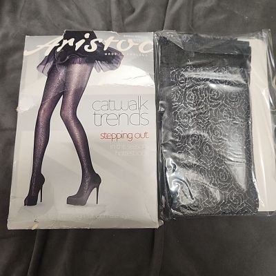 Vtg Aristoc Catwalk Trends Stepping Out Tights with Pattern Black/ Silver Read !