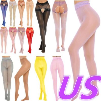 US Women See-Through Crochless Pantyhose Glossy Lace Stockings Stretchy Lingerie