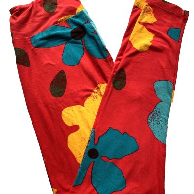 LuLaRoe Leggings Pants OS Floral Flowers Red Art Blue Bold Soft Bright Festive