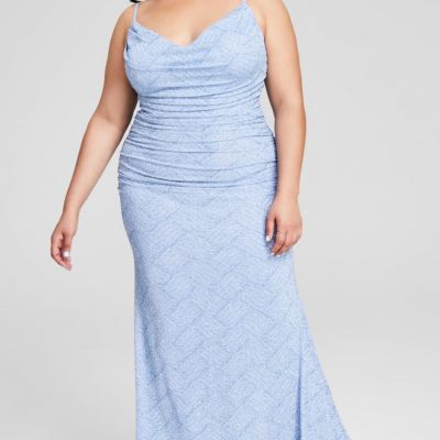 B Darlin Trendy Plus Size Glitter-Knit Ruched Gown - Light Blue/Light Blue 14W